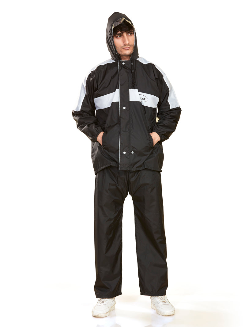Men's Waterproof Rain Suit with Jacket and Pant With Reflective Surface, Extended Hood - Black