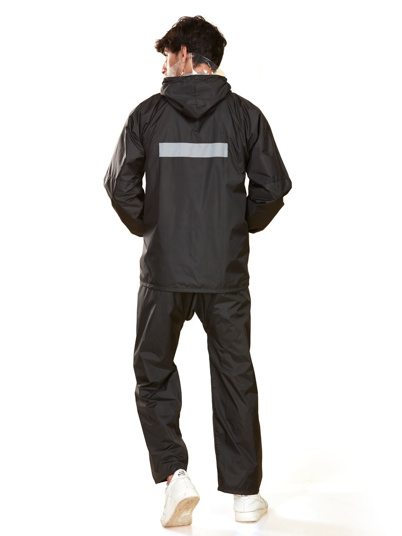 Men's Waterproof Rain Suit with Jacket and Pant With Reflective Surface, Extended Hood - Black