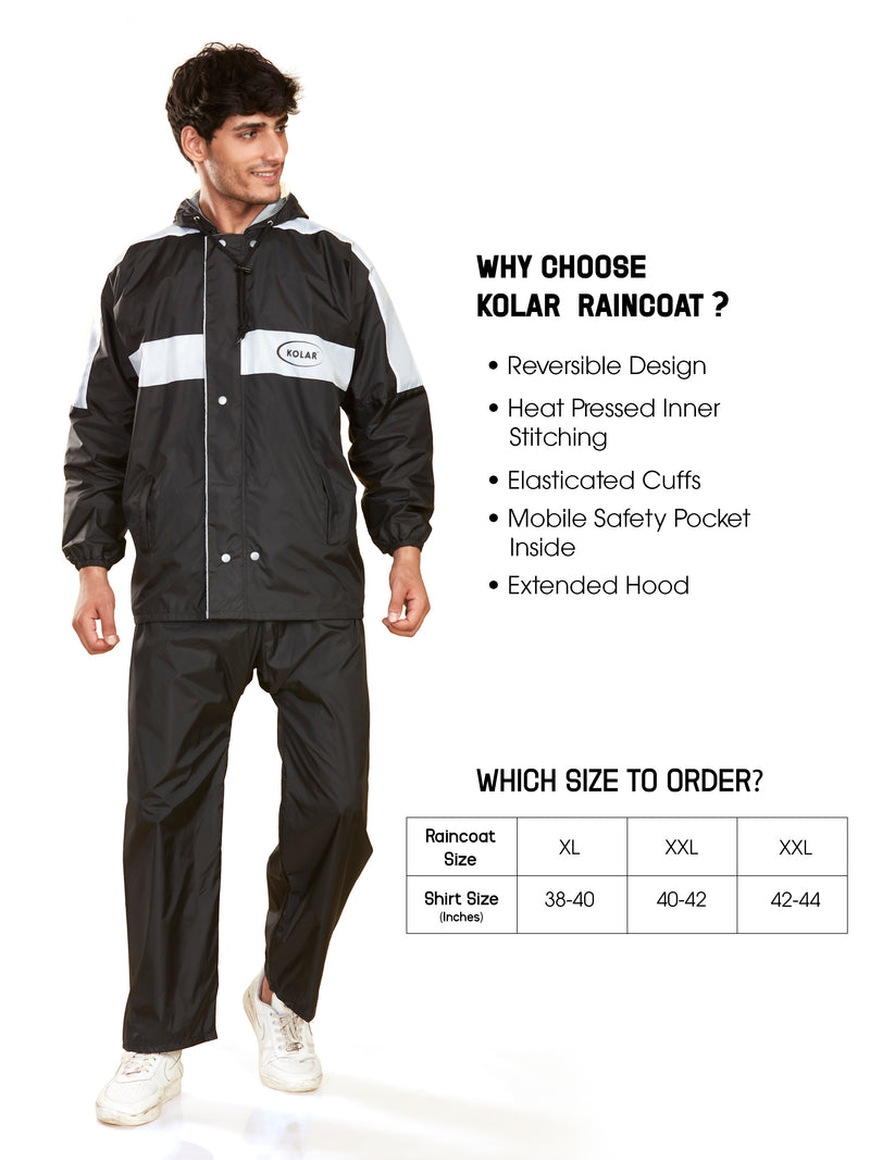 Men's Waterproof Rain Suit with Jacket and Pant With Reflective Surface, Extended Hood - Black