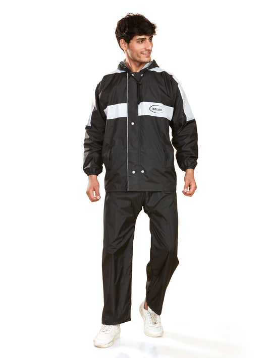 Men's Waterproof Rain Suit with Jacket and Pant With Reflective Surface, Extended Hood - Black