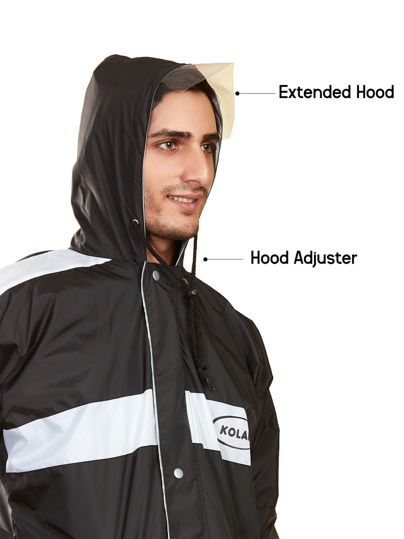 Men's Waterproof Rain Suit with Jacket and Pant With Reflective Surface, Extended Hood - Black