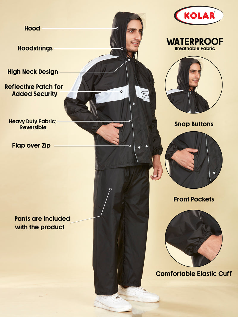 Men's Waterproof Rain Suit with Jacket and Pant With Reflective Surface, Extended Hood - Black