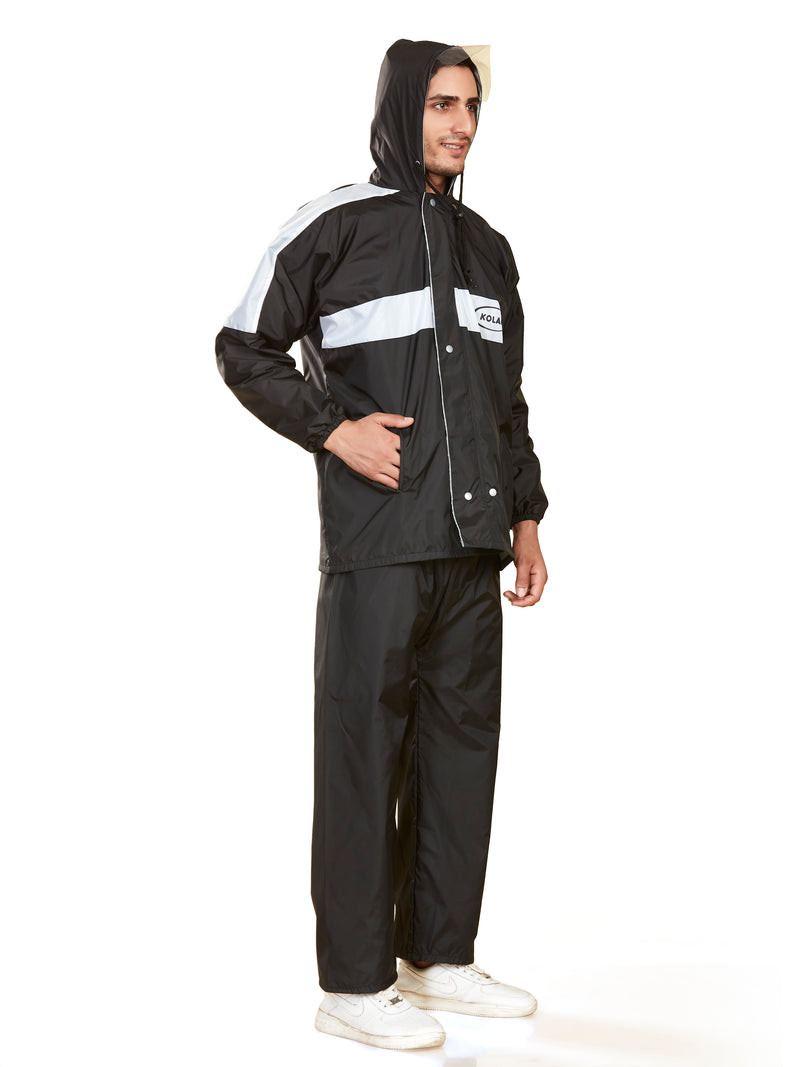 Men's Waterproof Rain Suit with Jacket and Pant With Reflective Surface, Extended Hood - Black
