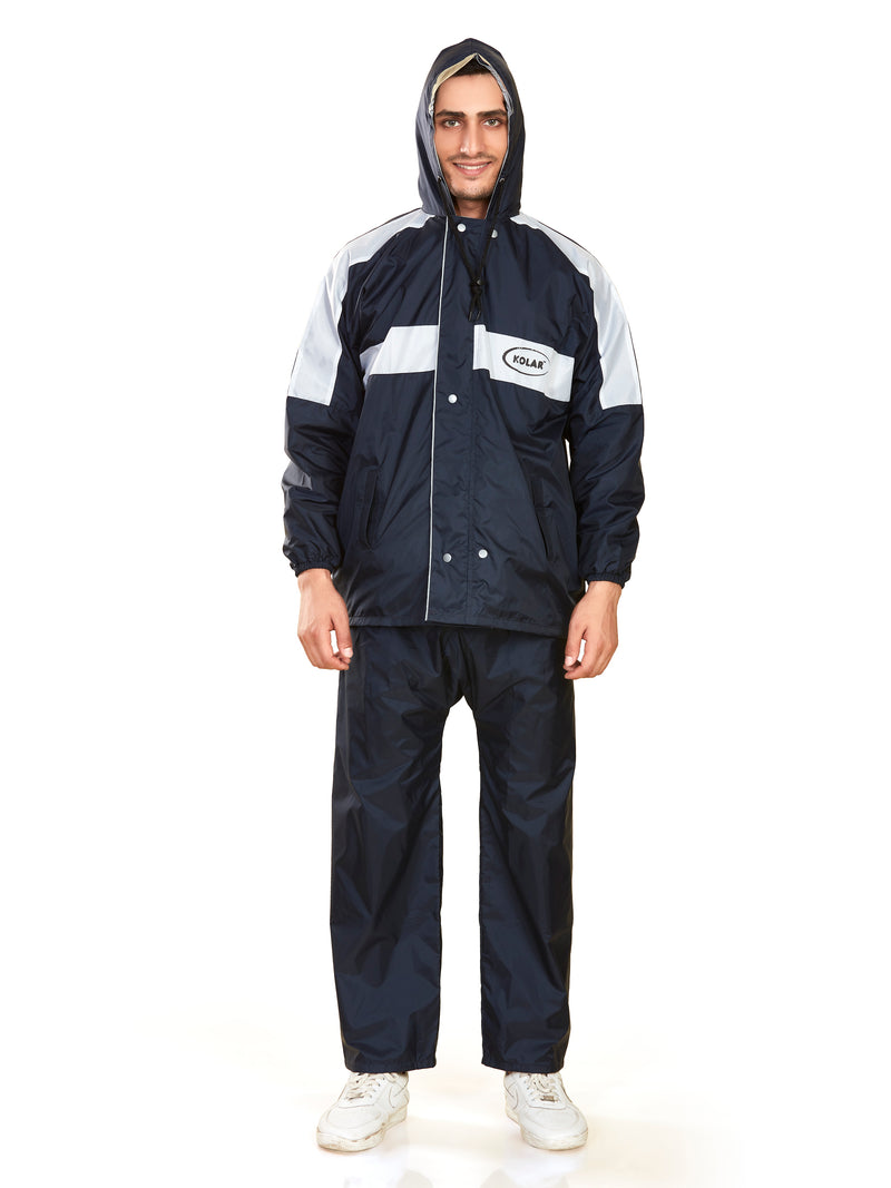 Men's Waterproof Rain Suit with Jacket and Pant With Reflective Surface, Extended Hood - Blue