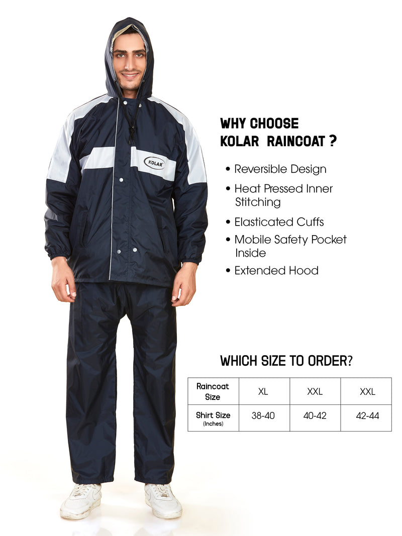 Men's Waterproof Rain Suit with Jacket and Pant With Reflective Surface, Extended Hood - Blue