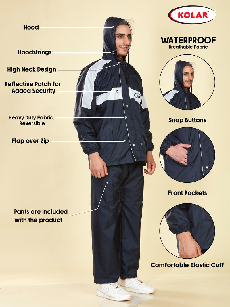 Men's Waterproof Rain Suit with Jacket and Pant With Reflective Surface, Extended Hood - Blue