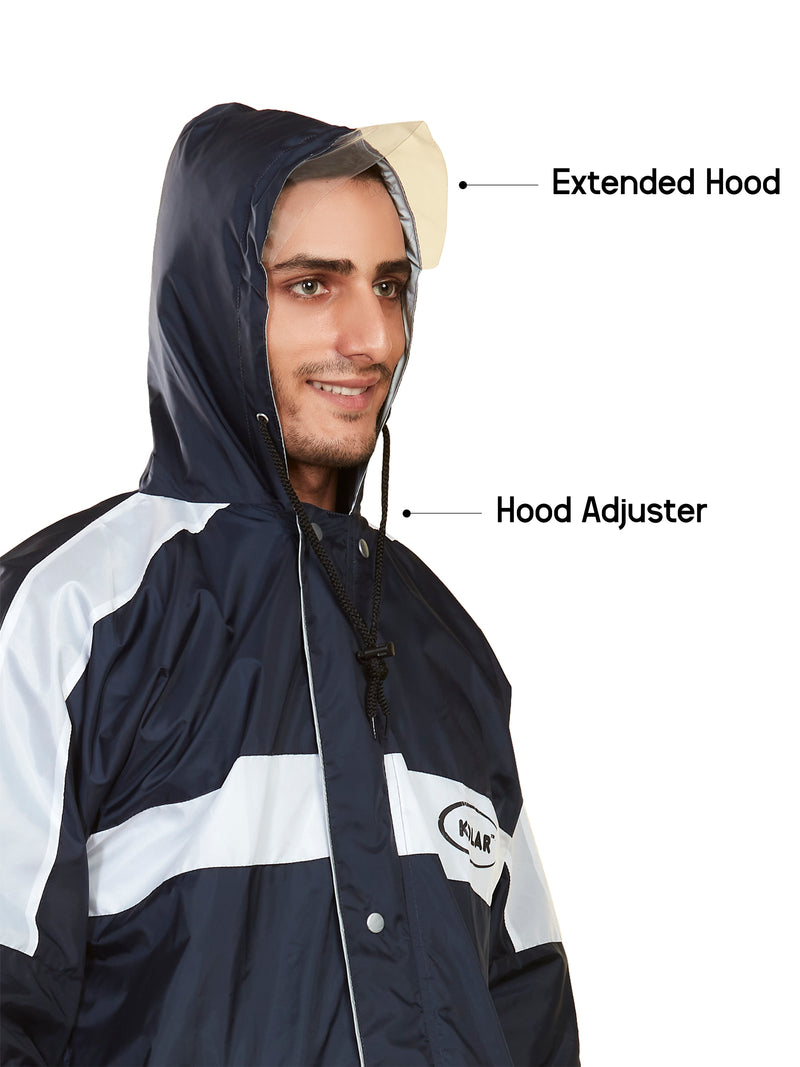 Men's Waterproof Rain Suit with Jacket and Pant With Reflective Surface, Extended Hood - Blue