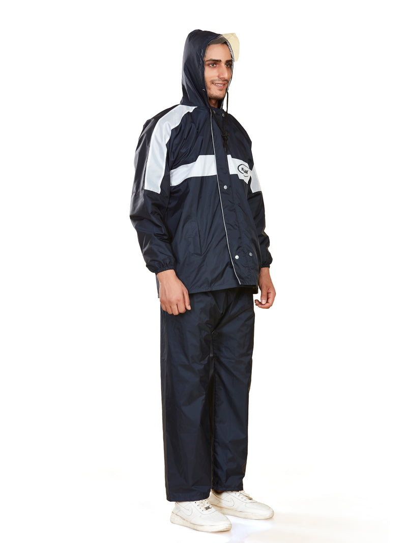 Men's Waterproof Rain Suit with Jacket and Pant With Reflective Surface, Extended Hood - Blue
