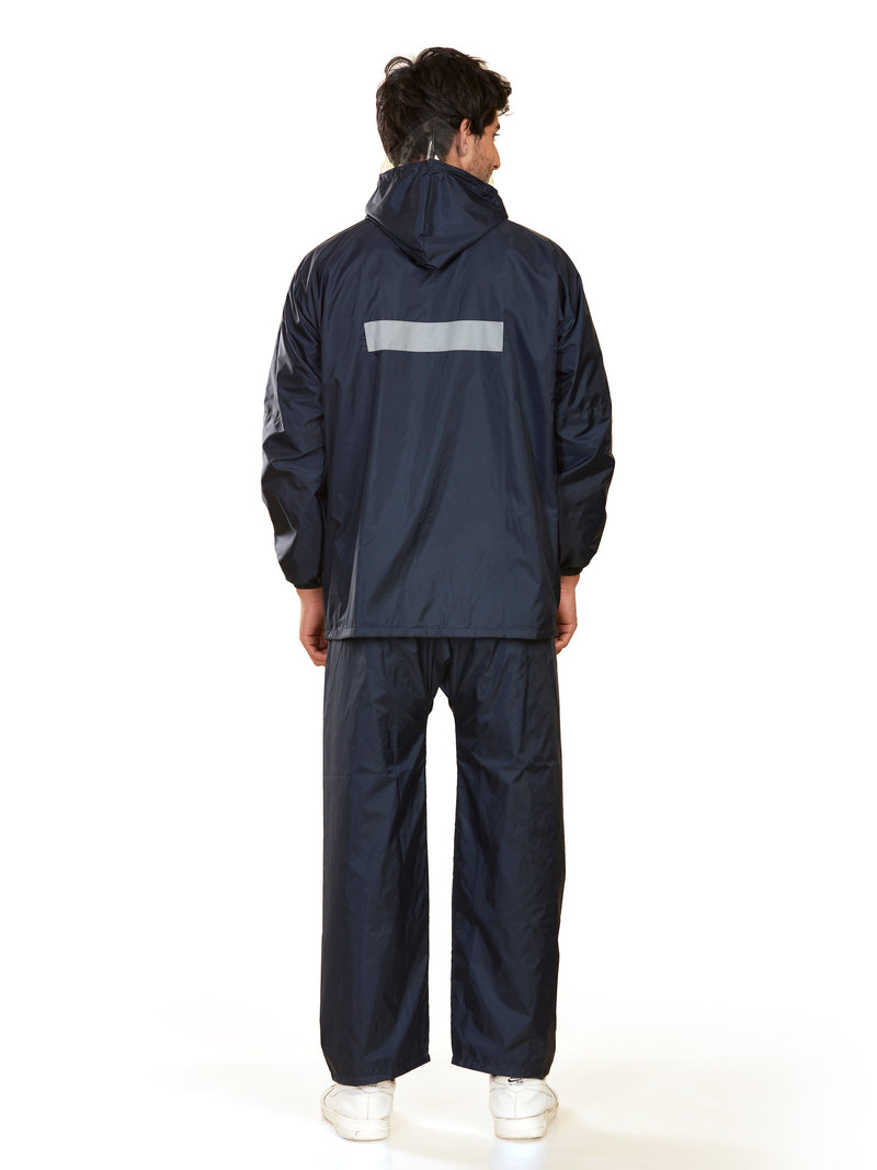 Men's Waterproof Rain Suit with Jacket and Pant With Reflective Surface, Extended Hood - Blue