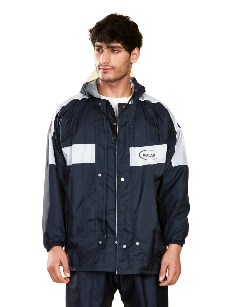 Men's Waterproof Rain Suit with Jacket and Pant With Reflective Surface, Extended Hood - Blue