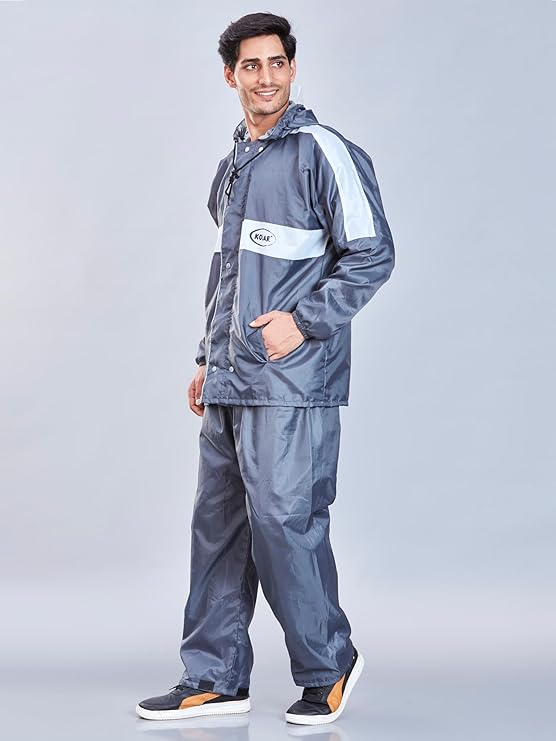 Men's Waterproof Rain Suit with Jacket and Pant With Reflective Surface, Extended Hood - Grey