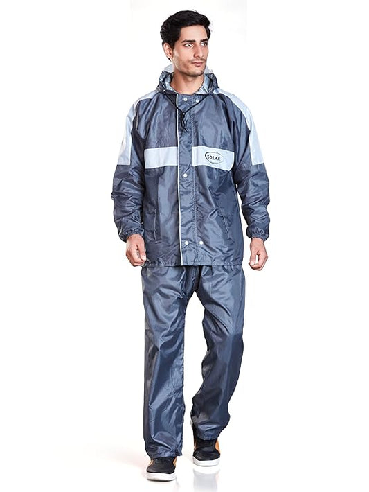 Men's Waterproof Rain Suit with Jacket and Pant With Reflective Surface, Extended Hood - Grey
