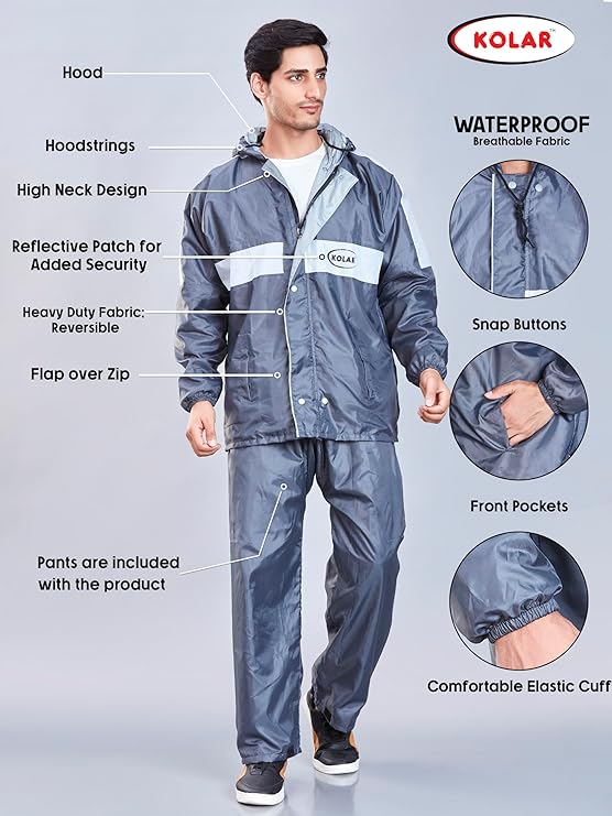 Men's Waterproof Rain Suit with Jacket and Pant With Reflective Surface, Extended Hood - Grey