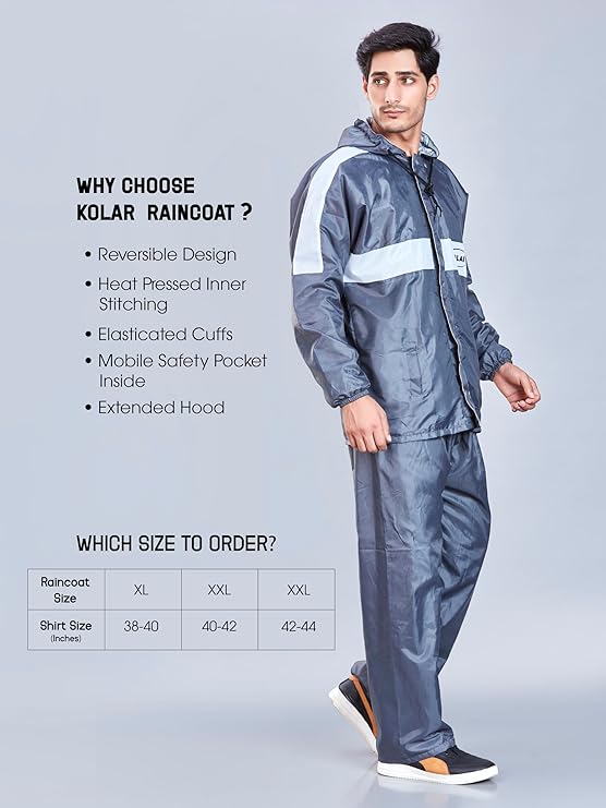 Men's Waterproof Rain Suit with Jacket and Pant With Reflective Surface, Extended Hood - Grey
