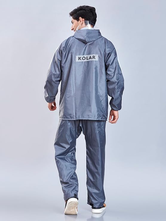 Men's Waterproof Rain Suit with Jacket and Pant With Reflective Surface, Extended Hood - Grey
